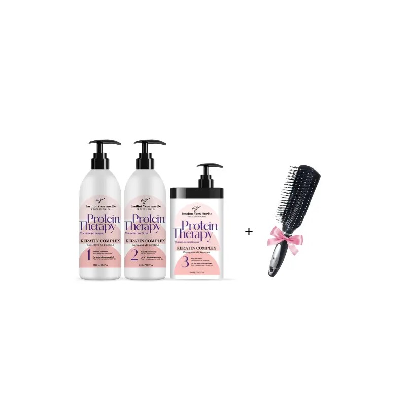 Dreifach starke Proteintherapie für das Haar: Shampoo, Conditioner und Feuchtigkeitsspender + Glättungsbürste als Geschenk
